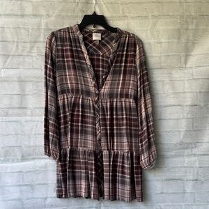 Knox Rose Plaid Long Sleeve Dress - Brown and Pink